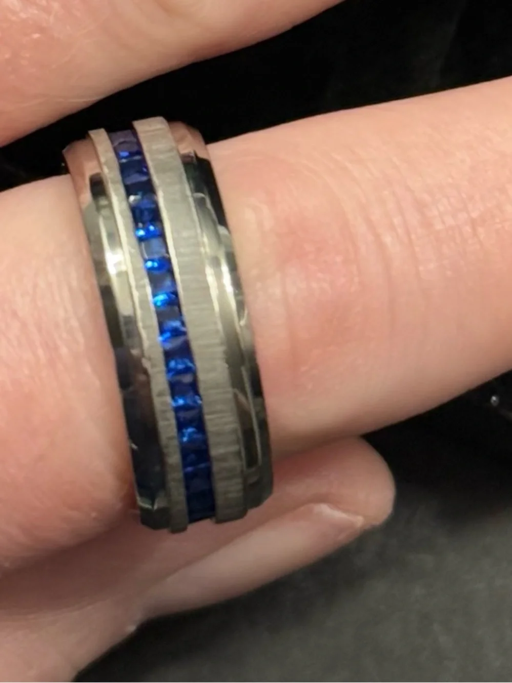 NWT-Men's 2.4Ct Eternity Princess Titanium Wedding Band Simulated Sapphire Blue
